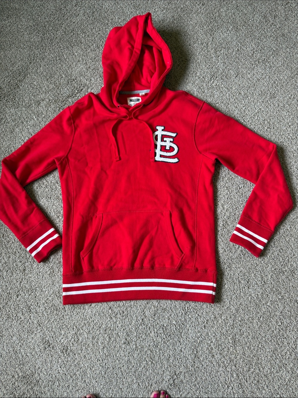 Women’s Red Pullover Hoodie with Contrasting Stripe Trim